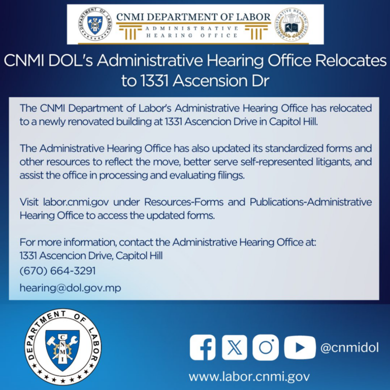 CNMI DOL’s Administrative Hearing Office Relocates to 1331 Ascension Dr.
